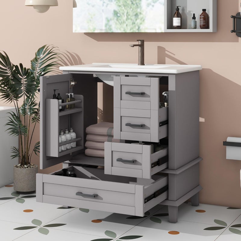 Szafka podumywalkowa 76x46x83,5 cm z ceramiczną umywalką, 3 cichymi szufladami, półką na drzwiach, nogi z litego drewna, wodoodporna płyta MDF, szara