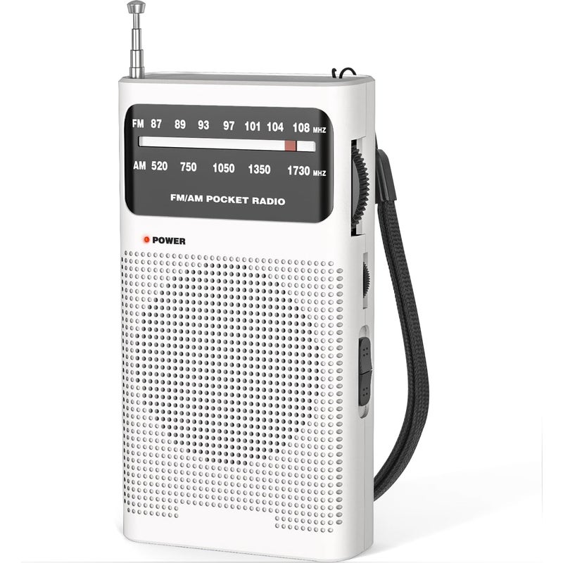 Radio przenośne, radio AM(MW)/FM zasilane bateryjnie, tranzystorowe radio kieszonkowe, miniaturowe radio przenośne – białe