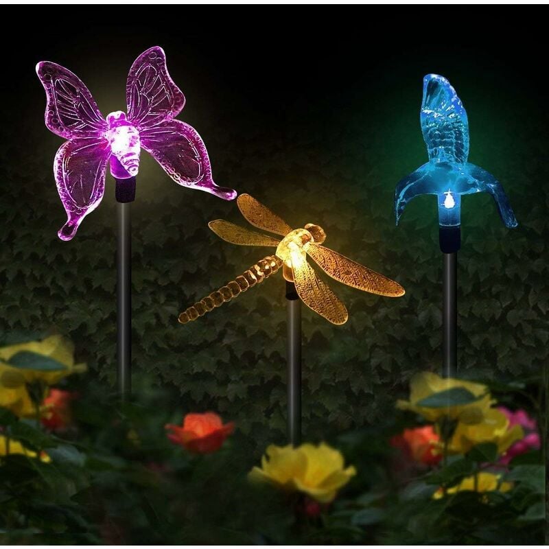 Zestaw 3 lamp solarnych do ogrodu, wielokolorowe lampy LED zmieniające kształty motyli, kolibra i ważki, dekoracja na imprezę