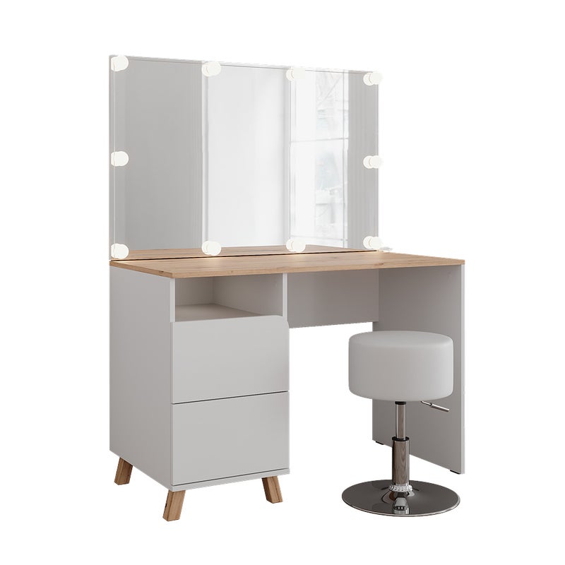 Vicco Stół do toalety Karen, Biały/Artystyczny, 110 cm ze stołkiem i lampkami LED