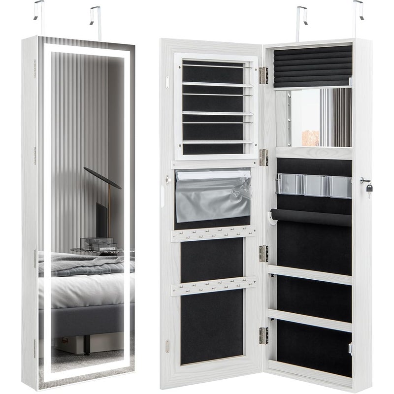 Szafka wisząca na biżuterię, szafka z lustrem zamykana, trójkolorowe oświetlenie LED i lustro wewnętrzne, szafka na przybory toaletowe