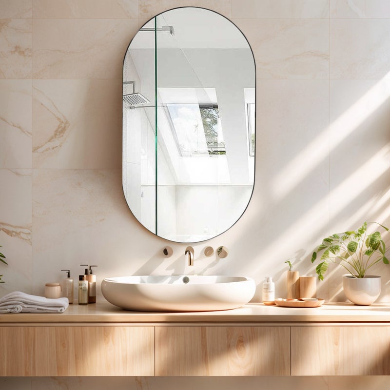 Lustro łazienkowe, lustro do makijażu, 50x70 cm, owalne lustro z ramą, montowane na ścianie i obrotowe - czarne