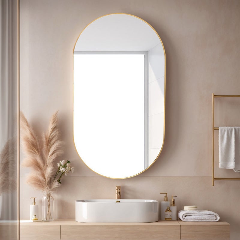 Lustro łazienkowe, lustro do makijażu, 50x70 cm, owalne lustro z ramą, montowane na ścianie i obrotowe - złote