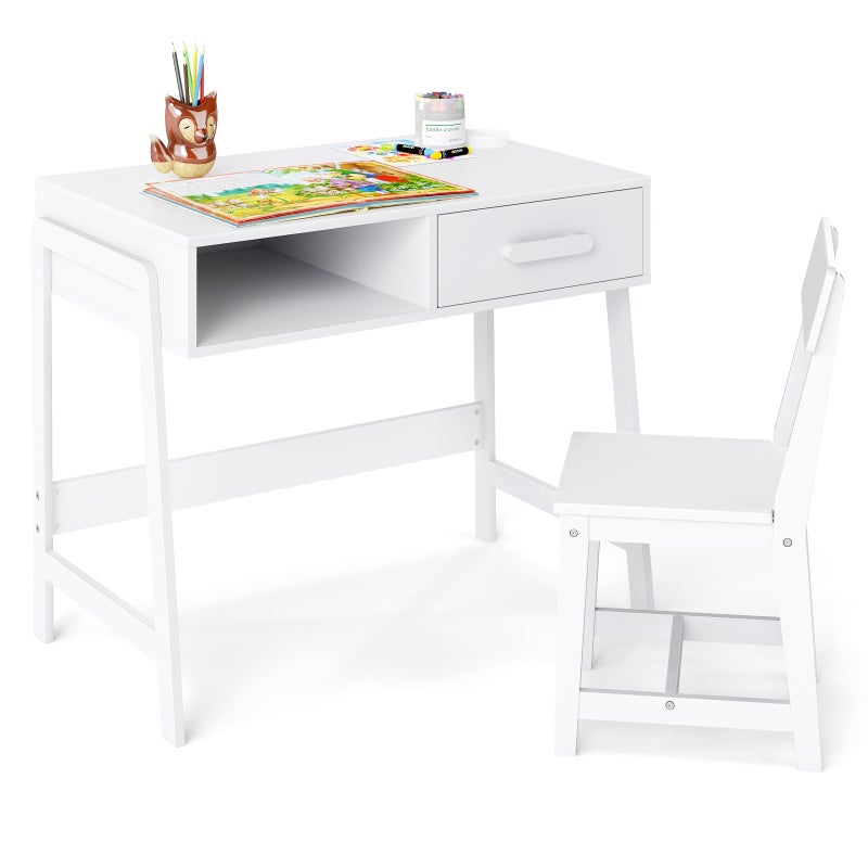 Biurko dla Dzieci Powyżej 3 Lat, Stolik dla Dzieci z Ergonomicznym Krzesłem, Biurko dla Dzieci z Sosny z Miejscem, Nośność 75/55 kg (Biały)