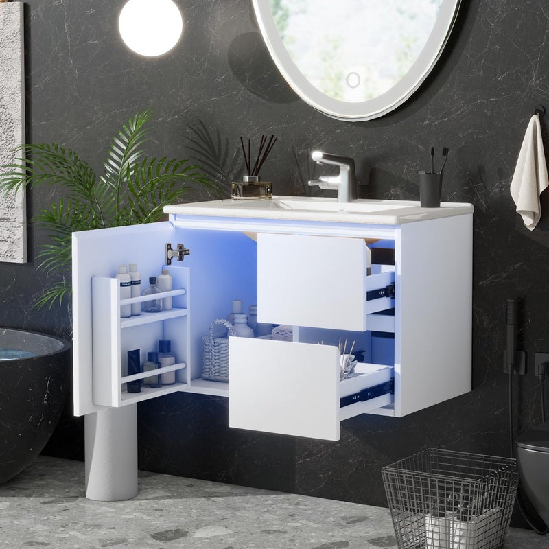 Biała wisząca szafka łazienkowa 76x46x50 cm z umywalką, radarem LED, 2 cichymi szufladami i półkami bocznymi