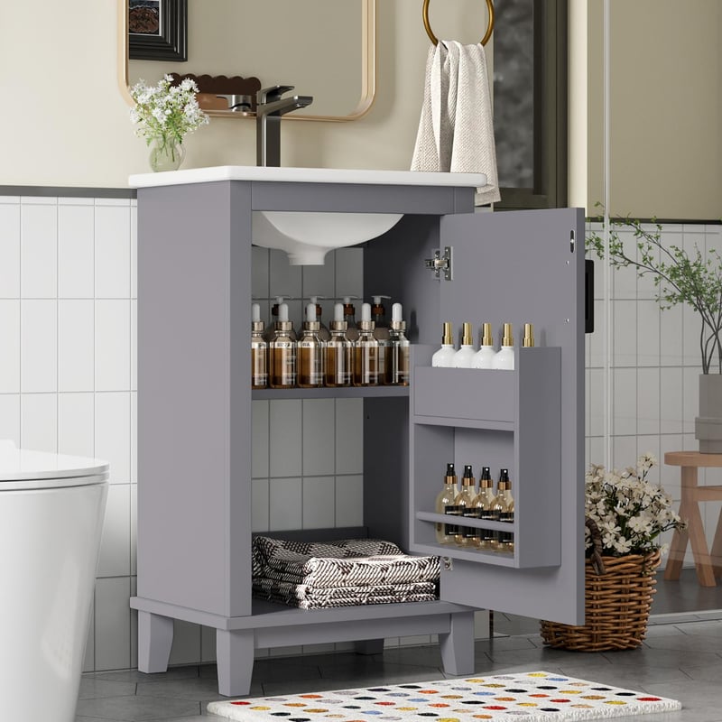 Meble łazienkowe 51x34x83 cm z ceramiczną umywalką, drzwiczkami, regulowanymi półkami i drewnianymi nóżkami, szare