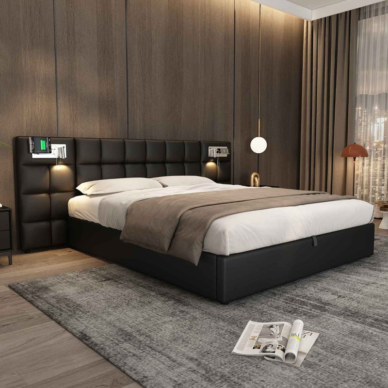 Łóżko Tapicerowane 180x200 cm z Hydraulicznym Mechanizmem, USB, Ładowanie Bezprzewodowe, Lampka LED, Stauraum, Czarny PU