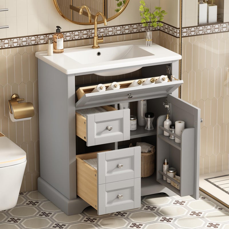 Szafka łazienkowa z ceramiczną umywalką 76x46x87 cm, 2 szuflady z cichym domykiem, 1 klapka, drzwi oraz regulowana półka, elegancka szara