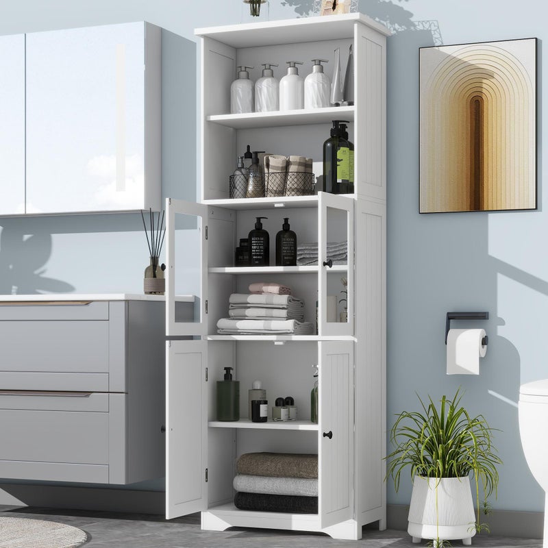 Wysoka szafka łazienkowa 57,4x28,5x160 cm z drzwiami drewnianymi i szklanymi, regulowane półki, eleganckie wykończenie lakierowane, biały