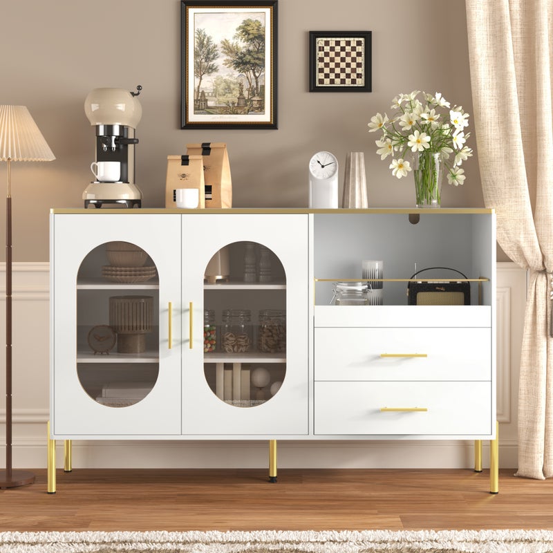 Komoda niska z 2 szufladami i 2 szklanymi drzwiami - 140 x 38 x 70 cm - płyta MDF i nogi metalowe w kolorze złotym - biała