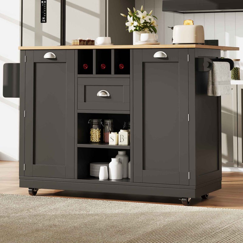Czarna Wyspa Kuchenna 140x40x93,5cm – Wózek Serwisowy z Kółkami, Rozsuwanym Stołem, Przechowywaniem, Wieszakem na Ręczniki i Półką na Wino