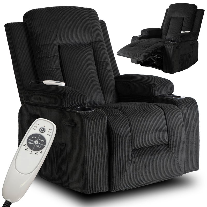 Fotel Rozkładany Masujący Wypoczynkowy z Podnóżkiem Sztruks Czarny BOX 2