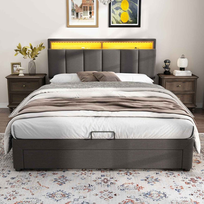 Łóżko Tapicerowane z LED, Hydrauliczne Z Mechanizmem Przechowywania, 140x200 cm, Szare, Leinen, z Szufladami i Stelażem z Drewna