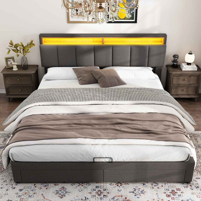 Łóżko Tapicerowane z LED i Hydrauliczny Mechanizm Przechowywania, 160x200 cm, Szare, Leinen, z Szufladami i Stelażem Drewnianym