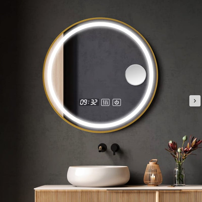 Lustro łazienkowe z oświetleniem LED, front anty-parujący, pozłacane, z czujnikiem dotykowym, 60x60x3 cm, regulowane oświetlenie LED