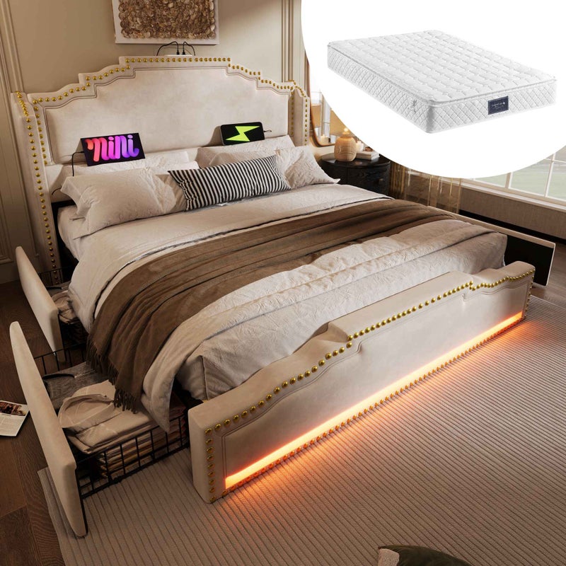 Łóżko Tapicerowane 140×200 z 4 Szufladami, LED, USB-C, Matracem i Lattenrostem – Eleganckie Łóżko z Beige Samtem, Idealne do Sypialni