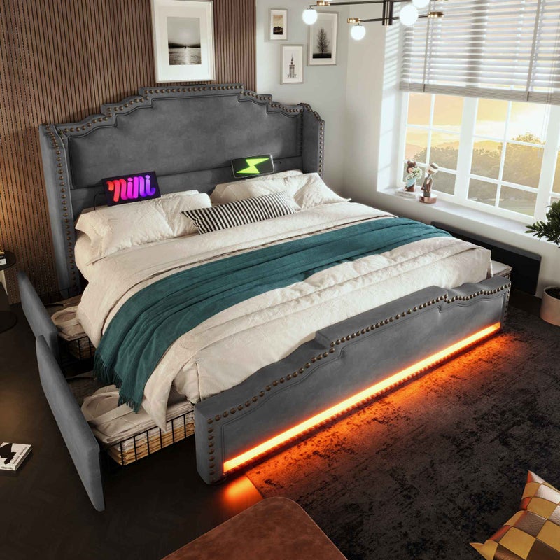 Łóżko Tapicerowane 140x200 z 4 Szufladami, LED, USB-C, Stelażem, Samt, Szare, Bez Materaca