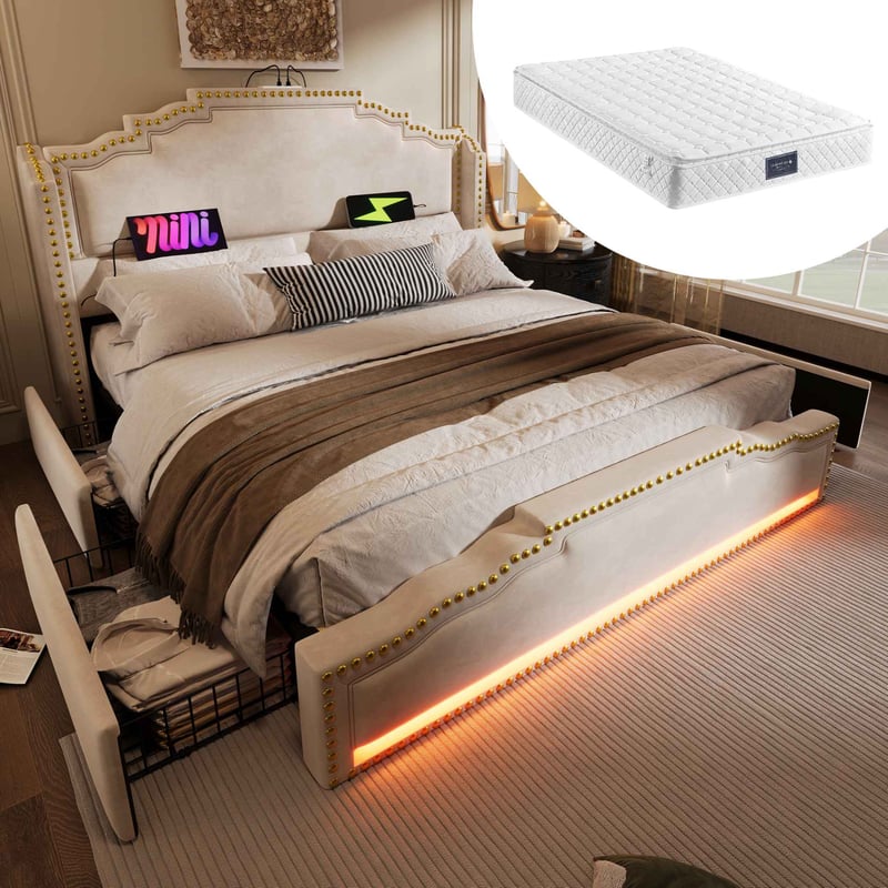 Łóżko Tapicerowane 160x200 z Matracem, 4 Szufladami, LED, USB-C, Stelaż, Samt, Beżowe