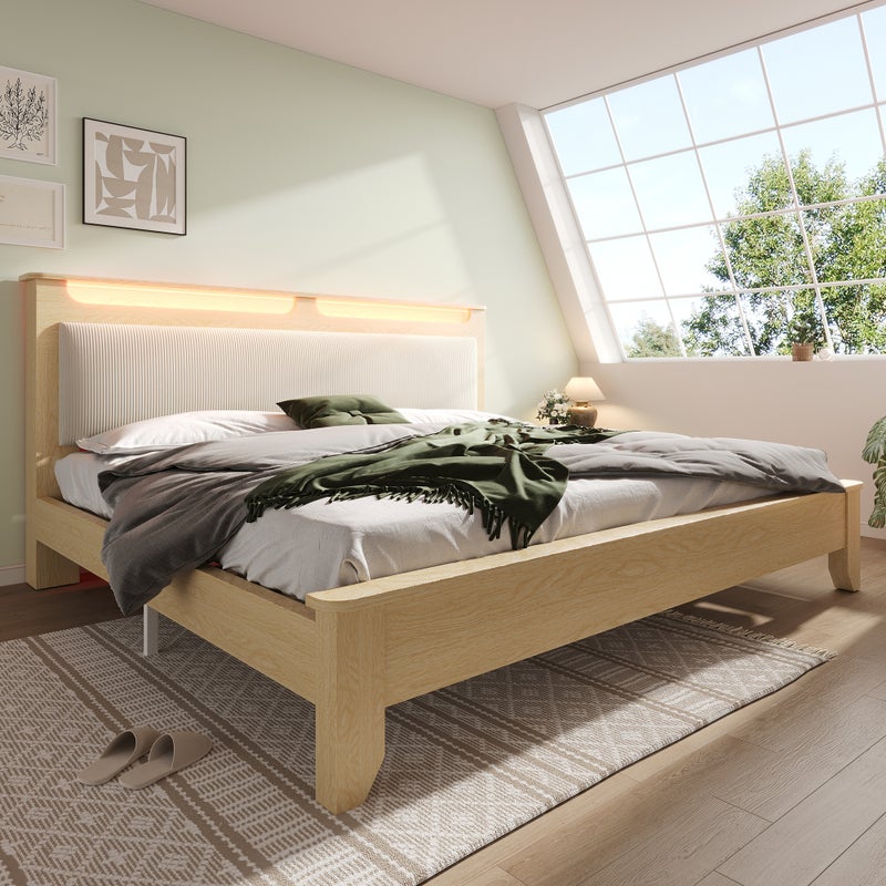 Łóżko małżeńskie 160 x 200 cm z zagłówkiem tapicerowanym beżowym sztruksem - LED-y - MDF + płyta wiórowa - jasny dąb (bez materaca)