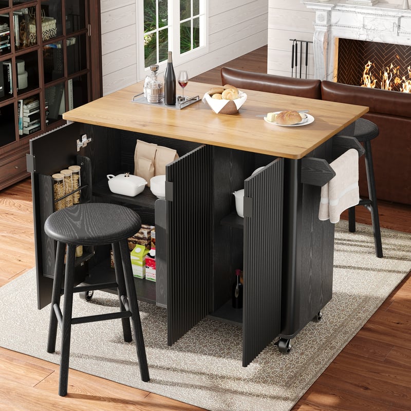 Mobilna wyspa kuchenna z 3 drzwiami - Rozkładany blat - 130x40/75x92cm - MDF - Czarny + naturalny