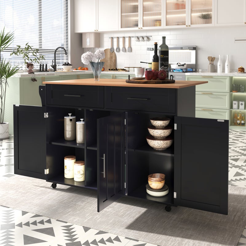 Mobilna wyspa kuchenna z 3 drzwiami i 2 szufladami - Wysuwany blat - 129x46/71x91,5 cm - MDF - Czarny