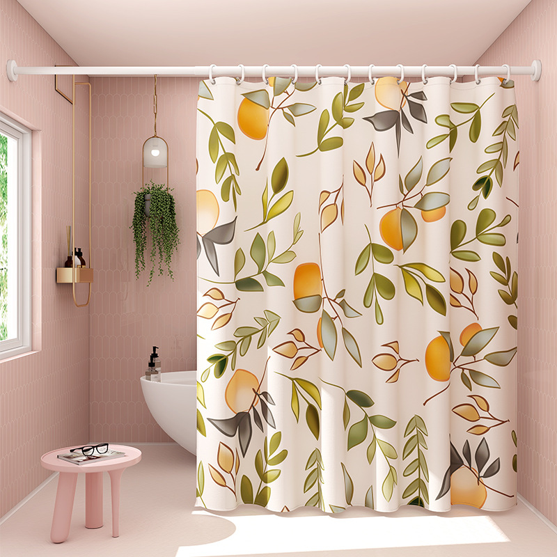 (180 x 180 cm) Tkanina zasłona prysznicowa z motywem owoców, kwiatów, pomarańczy, brzoskwini i zieleni, z haczykami ze stali, żywa, słodka, beżowa, ja