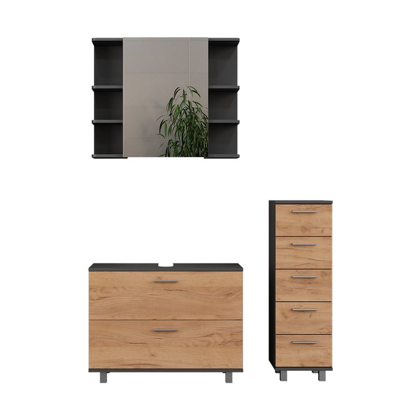 Vicco Zestaw mebli łazienkowych Ilias, Złoty dąb power/antracyt, 3 części, z podstawą 80 cm