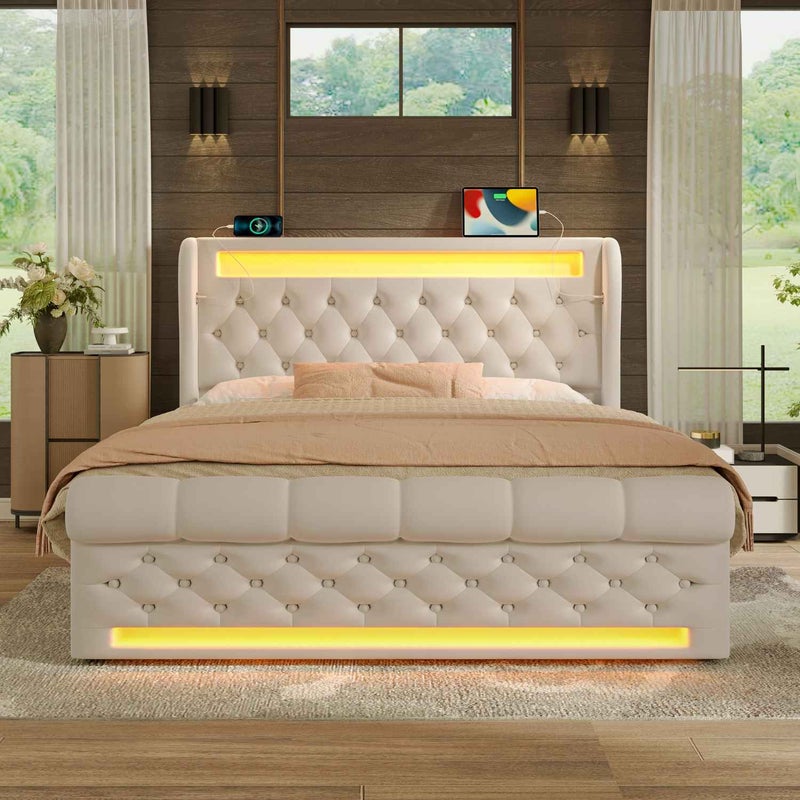 Nowoczesne łóżko podwójne 160x200 cm z beżowym aksamitem, z oświetleniem LED, zagłówkiem z przestrzenią do przechowywania i portami USB/Type-C
