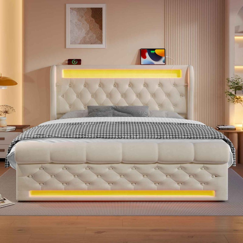 Nowoczesne łóżko tapicerowane 160x200 cm z oświetleniem LED, schowkiem w zagłówku, portami USB-C, hydrauliczny pojemnik, beżowy aksamit