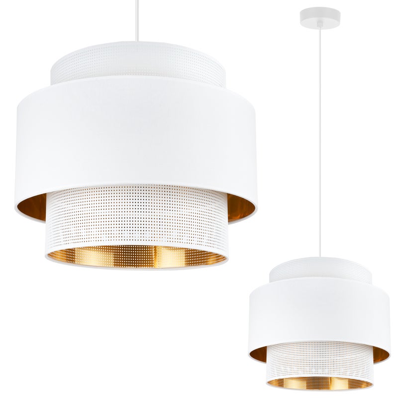 Lampa sufitowa wisząca Asti Trio biała glamour 1xE27 abażur okrągły siatka tkanina 35cm biały/złoty Light Home LH