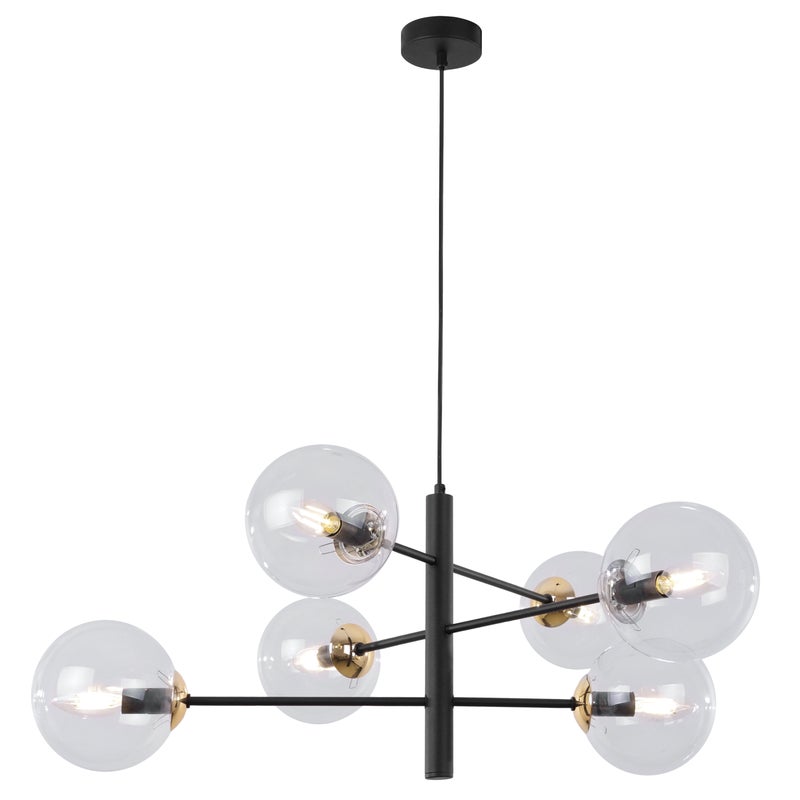 Lampa sufitowa wisząca Cannes czarna modern 6xE14 klosz szklany kula bezbarwna/złota Light Home LH