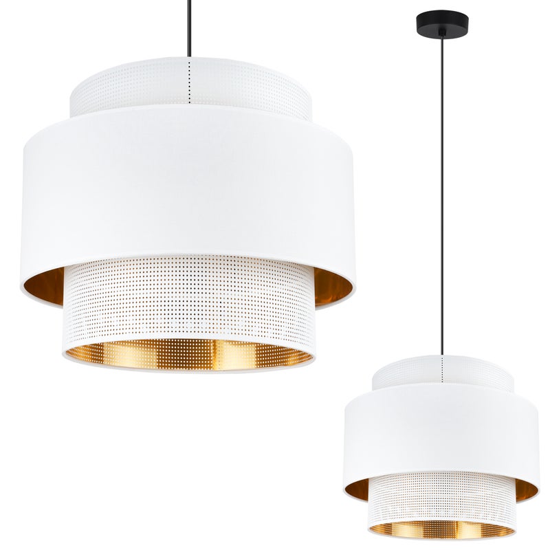 Lampa sufitowa wisząca Asti Trio biała glamour 1xE27 abażur okrągły 35cm biały/złoty siatka tkanina Light Home LH