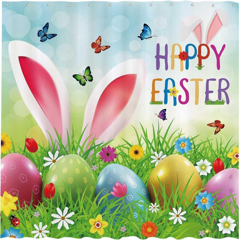 Wielkanocna zasłona prysznicowa 180 x 180 cm z zabawnymi uszami króliczka i kolorowymi wiosennymi jajkami w ogrodzie.