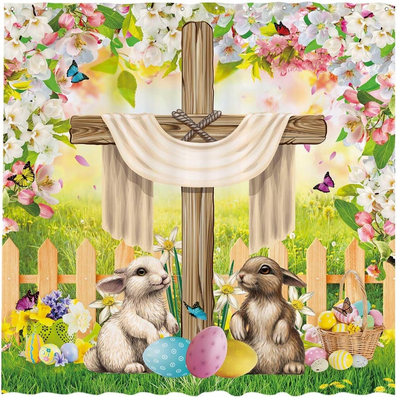 Zasłona prysznicowa 180 x 180 cm. Szepty wielkanocne. Zmartwychwstał. Krzyż na tle wiosennej, kwiatowej scenerii.