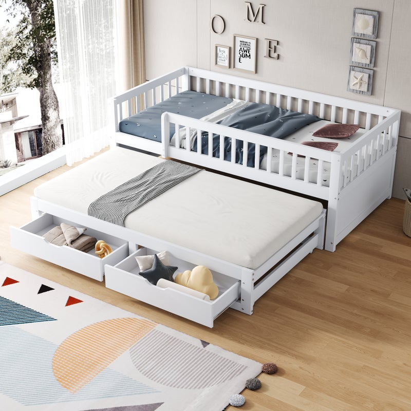 Łóżko wysuwane 90 x 200 cm + 90 x 190 cm z 2 szufladami i barierkami zabezpieczającymi - Sosna + sklejka + MDF - Białe (bez materaca)