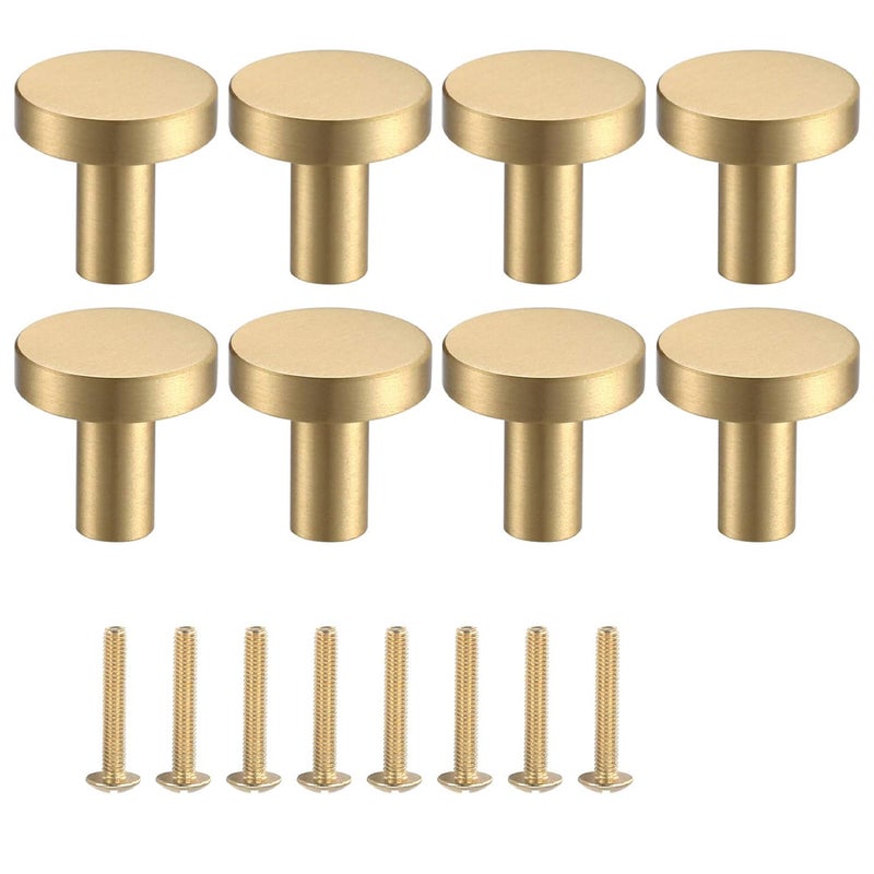 8 okrągłych mosiężnych klamek do drzwi z jednym otworem, 20 x 20 mm/złotych, w stylu vintage, do komody, toaletki, szafki lub kredensu, w komplecie z