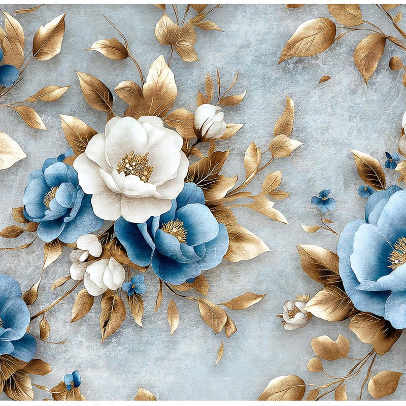 FOTOTAPETA KWIATY NIEBIESKI ZŁOTY GLAMOUR NA ŚCIANĘ SYPIALNIA SALON 300x210
