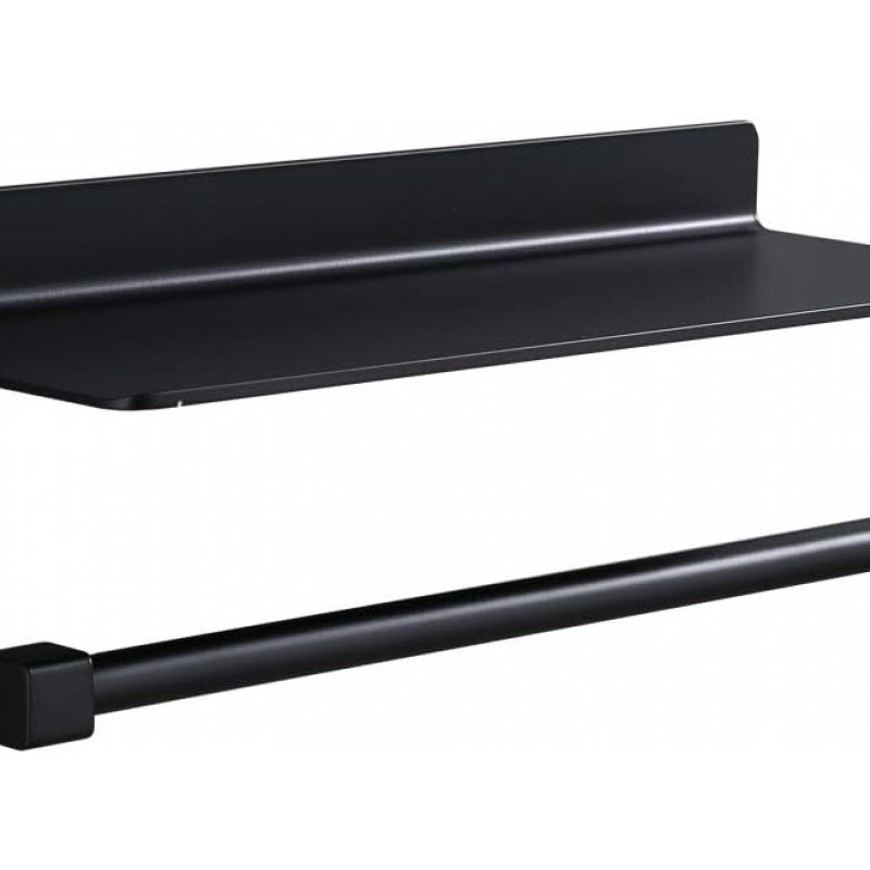 Uchwyt na ręczniki papierowe z półką, montowany na ścianie, odpowiedni do przechowywania w kuchni i łazience, czarny (33 x 8,5 x 8,2 cm)