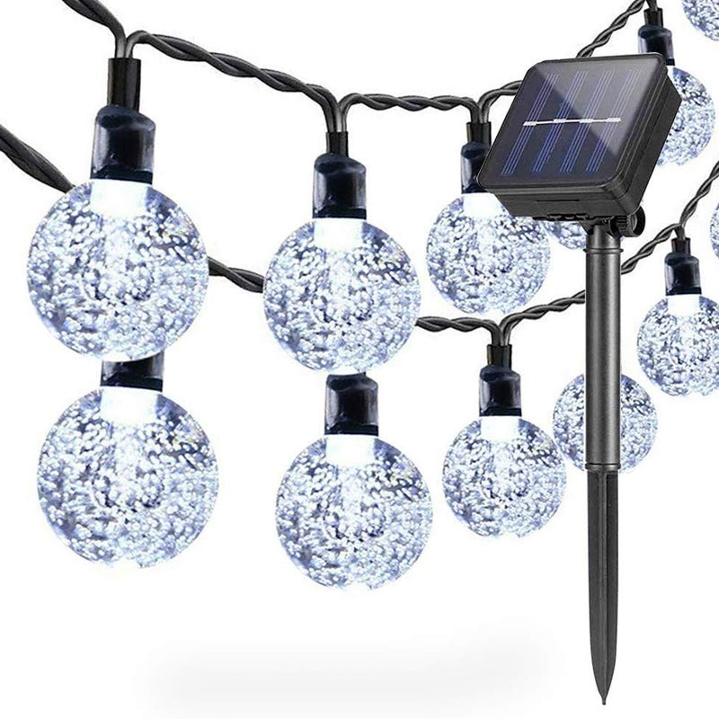Lampki solarne, lampki solarne, 6,5 metra, 30 diod LED, kryształowa kula, dekoracyjne lampki świąteczne (zimne białe światło)
