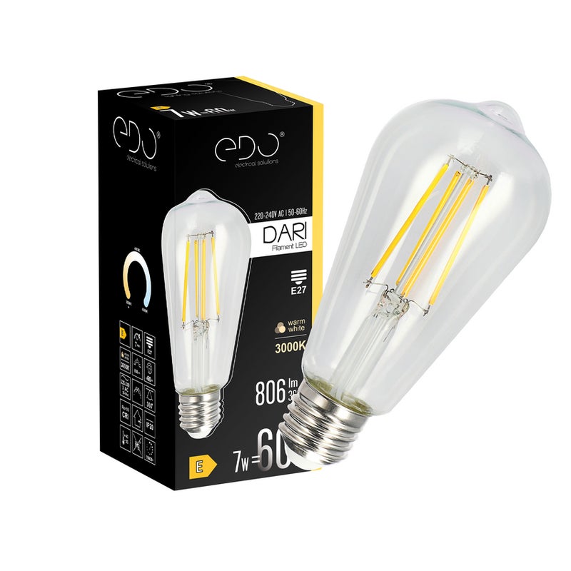 Żarówka dekoracyjna Dari LED Filament 7W, E27, 3000K, 710lm, 230V, CLEAR ST64, EDO777625 EDO Solutions