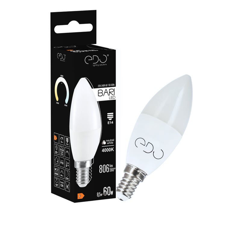 Żarówka Edo Bari LED 8,5W NW świeczka, E14, 4000K, 806lm, 220-240V EDO777666