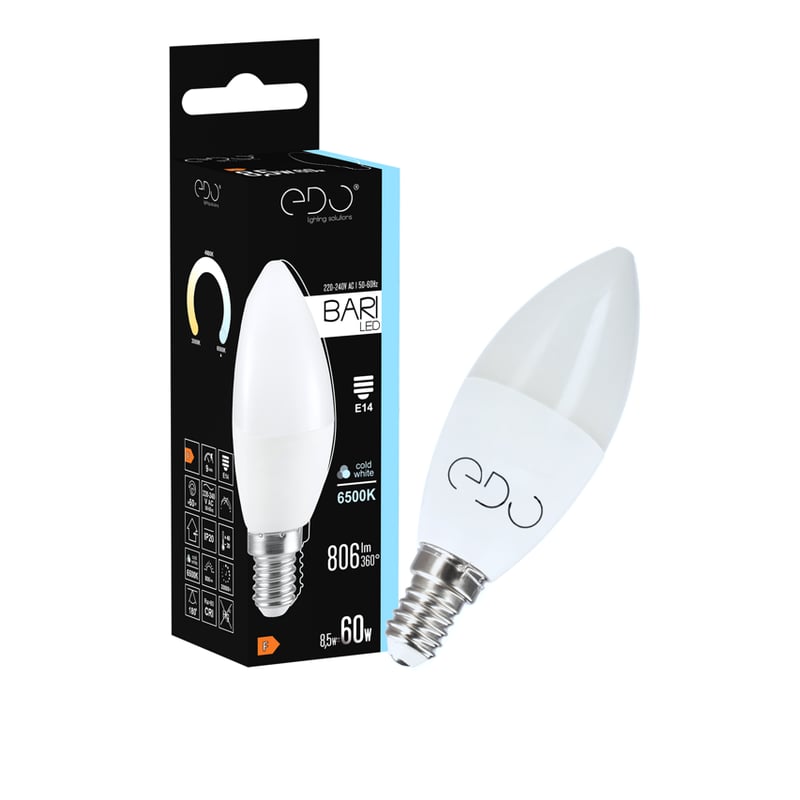 Żarówka Edo Bari LED 8,5W CW świeczka, E14, 6500K, 806lm, 220-240V EDO777667