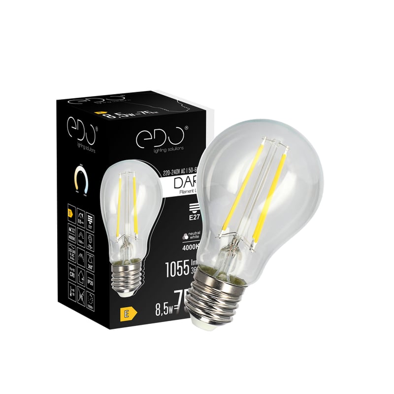 Żarówka dekoracyjna Dari LED Filament 8,5W, E27, 4000K, 1055lm, 230V, CLEAR A60, EDO777630 EDO Solutions