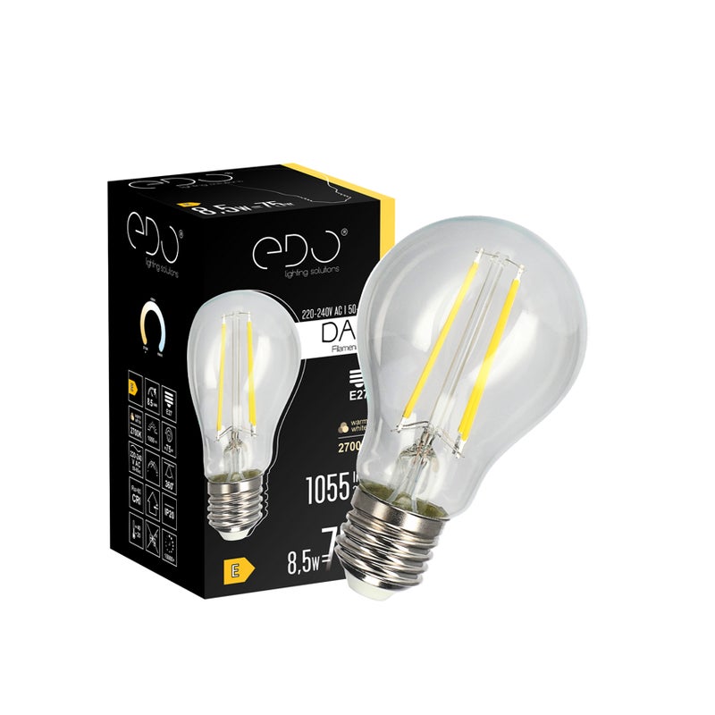 Żarówka dekoracyjna Dari LED Filament 8,5W, E27, 2700K, 1055lm, 230V, CLEAR A60, EDO777628 EDO Solutions