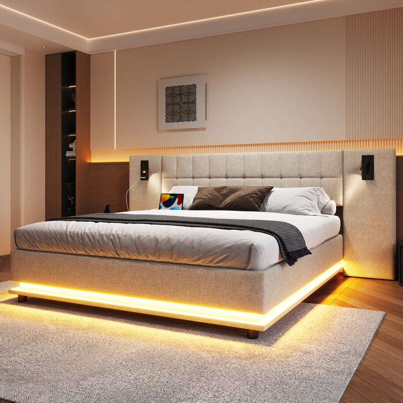 Łóżko tapicerowane 180 x 200 cm z dużym zagłówkiem - oświetlenie LED, gniazda USB i 2 lampki nocne - tkanina lniana - kolor beżowy (bez materaca)