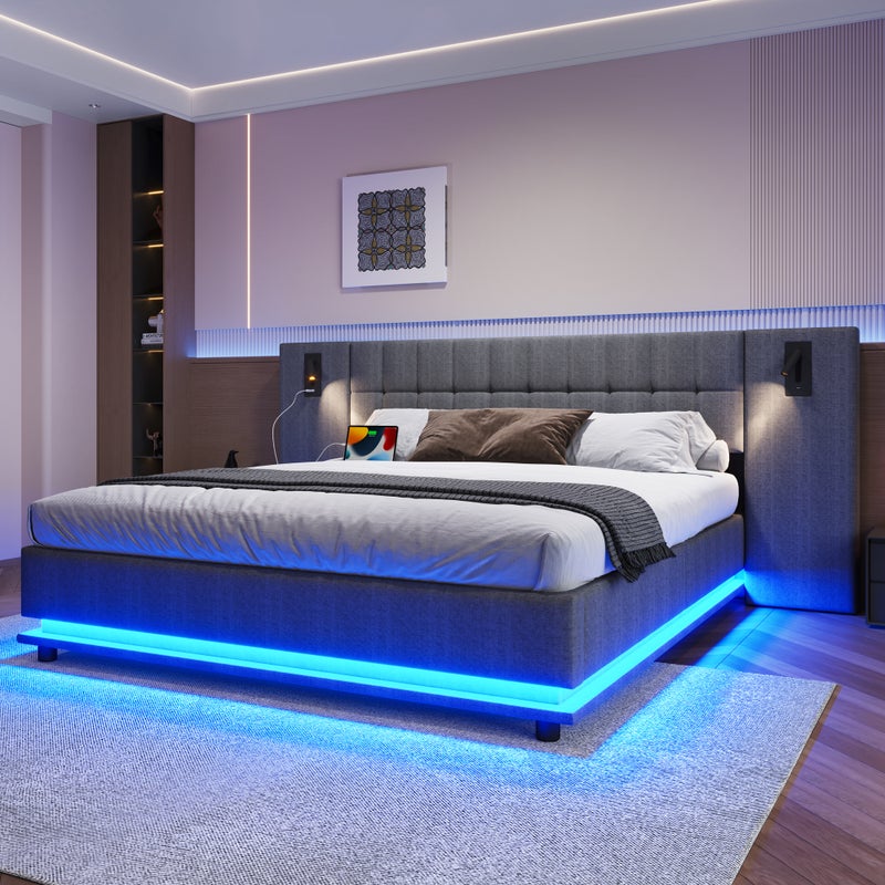Łóżko tapicerowane 180 x 200 cm z dużym zagłówkiem - oświetlenie LED, gniazda USB i 2 lampki nocne - tkanina lniana - kolor szary (bez materaca)