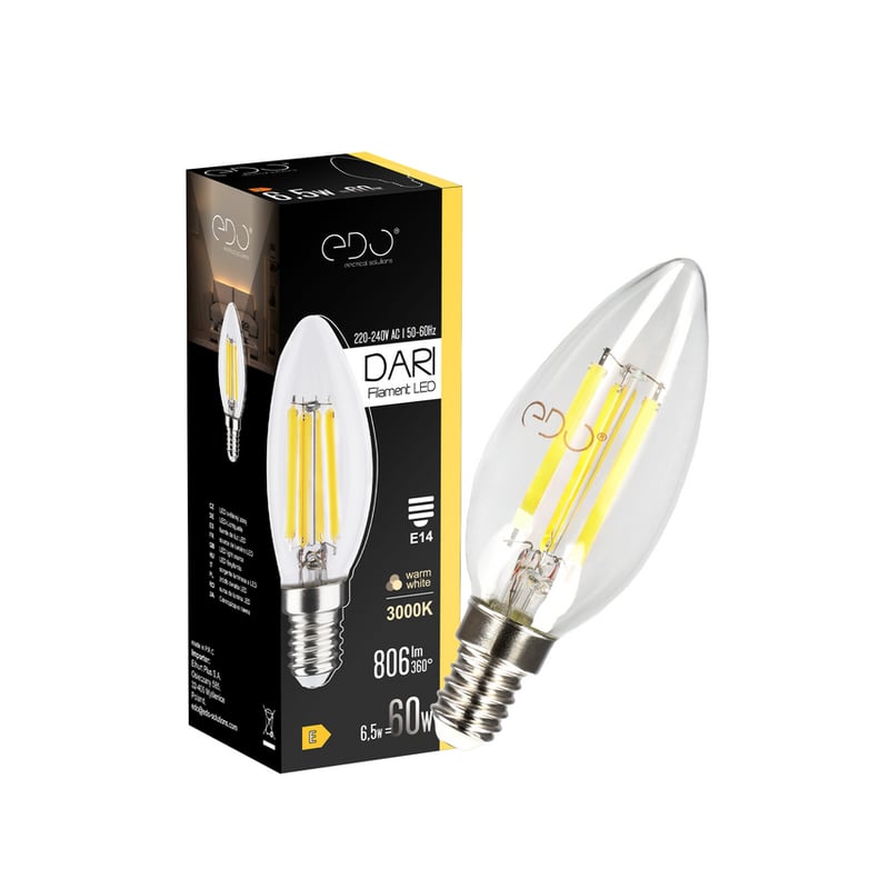 Żarówka dekoracyjna Dari LED Filament 6,5W, E14, 3000K, 806lm, 230V, CLEAR C35, EDO777622 EDO Solutions