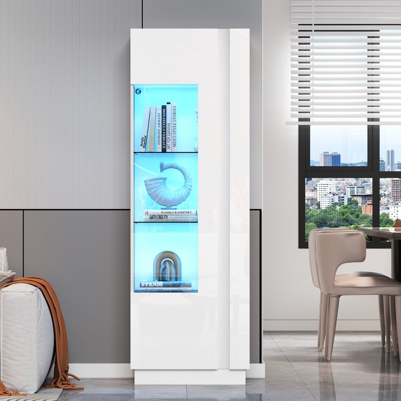 Witryna z 1 drzwiami, wysoka komoda - 60 x 40 x 180 cm - diody LED - płyta wiórowa i 3 szklane półki - kolor biały