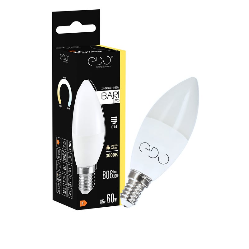 Żarówka Edo Bari LED 8,5W WW świeczka, E14, 3000K, 806lm, 220-240V EDO777665