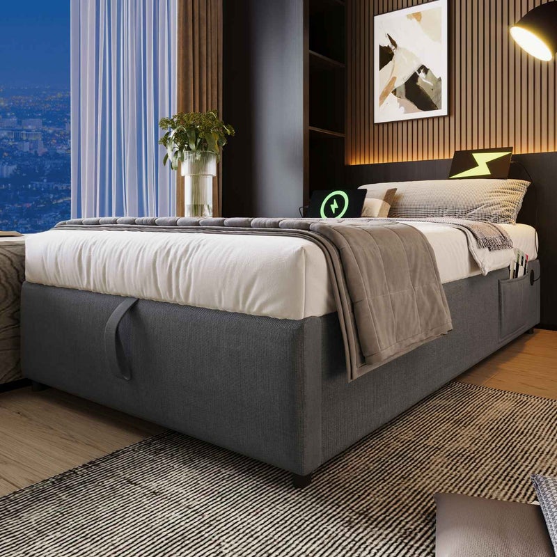 Łóżko tapicerowane jednoosobowe 90x200 cm z USB-C, hydrauliczną przestrzenią do przechowywania, stelażem na listwach, z lnu, szare